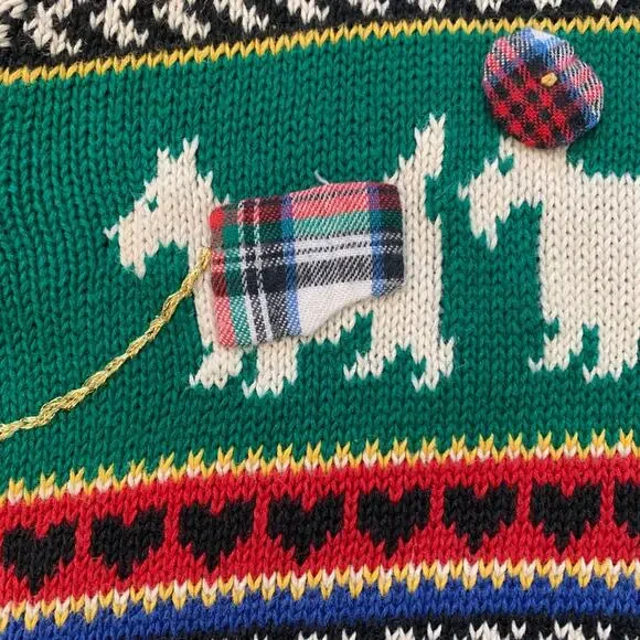 Vintage 90s Susan Bristol Scottie Dog Fair Isle Red Plaid Knit Sweater Large - Picture 7 of 12